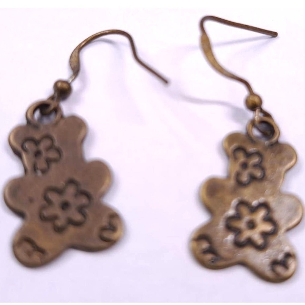 Handmade Teddy Bear Flower Drop Earrings‎ Children One Size Brass Tone 2 Sided